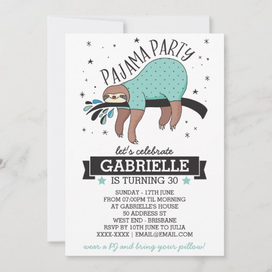 Slumber Party Sloth Einladung (Vorderseite)