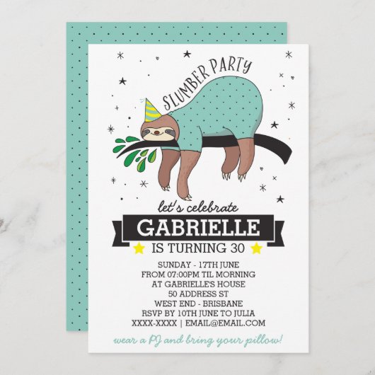 Slumber Party Sloth Einladung (Vorne/Hinten)