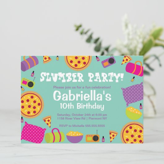 Slumber Party Spaß Geburtstag Einladung (Stehend Vorderseite)