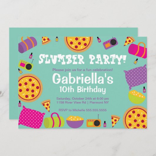 Slumber Party Spaß Geburtstag Einladung (Vorne/Hinten)