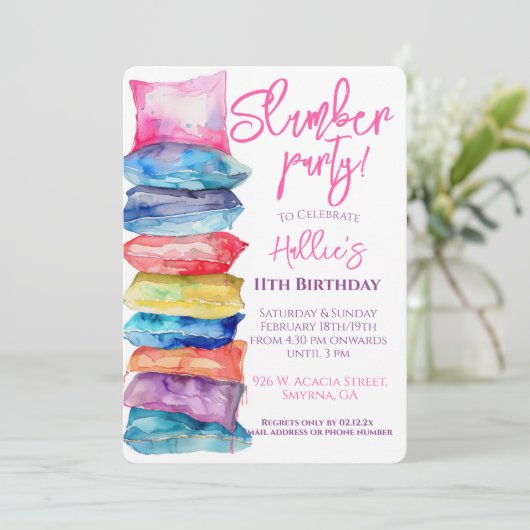 Slumber Party Wasserfarbkissen Einladung (Stehend Vorderseite)