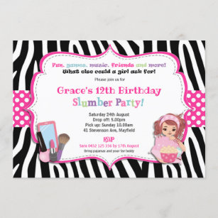 Slumber Sleepover Geburtstagsparty Girls Zebra Pri Einladung