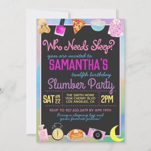 Slumber Sleepover Wer muss schlafen? Einladung (Vorderseite)