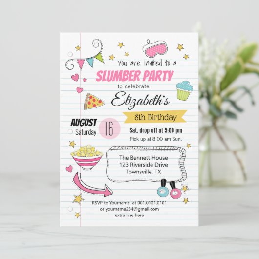 Slumber und Sleepover Party Einladung zum Geburtst (Stehend Vorderseite)