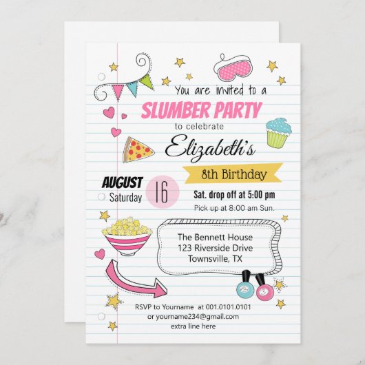 Slumber und Sleepover Party Einladung zum Geburtst (Vorne/Hinten)