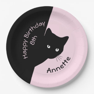 Sly Black Cat Happy Geburtstag Jahr und Name Pink Pappteller