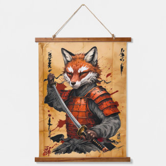 Sly Fox Samurai Warrior - Japanischer Tintenstil Wandteppich Mit Holzrahmen