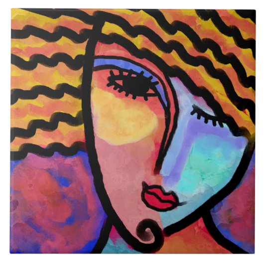 Sly Grin Abstrakte digitale Malerei einer Frau Fliese (Vorderseite)