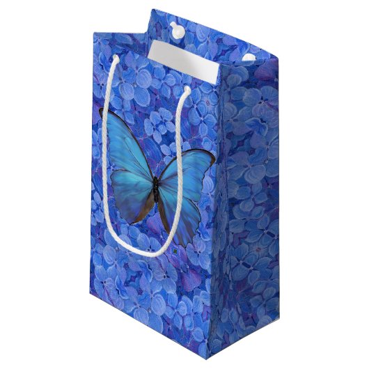Sm Gift Bag Blue Morpho auf Hydrangea Kleine Geschenktüte (Vorderseite Schrägansicht)