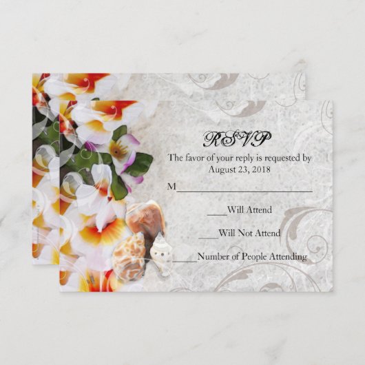 Sm Plumeria Orchid Lei in Sand Beach Wedding UAWG RSVP Karte (Vorne/Hinten)