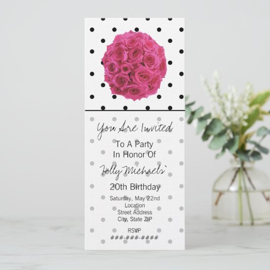 Small Black Polka Dots / Rose Party Einladung (Stehend Vorderseite)