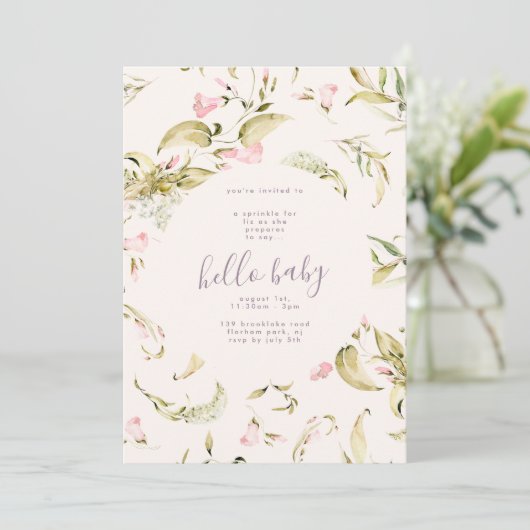 Small Boho Wildblume Garden Hello Baby Dusche Einladung (Stehend Vorderseite)