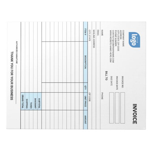 Small Business Logo Personalized Invoice Notepad Notizblock (Vorderseite)