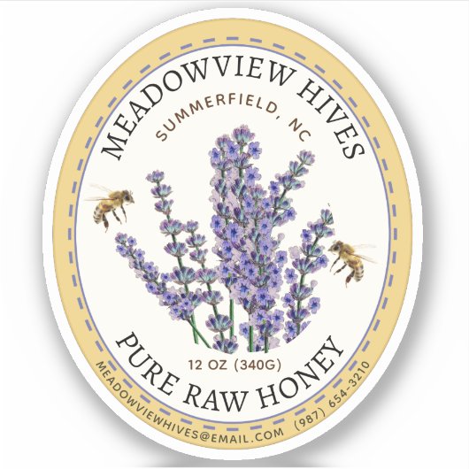 Small Jar Oval Lavendel Honey Label mit Biene (Vorderseite)