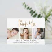 Small Modern Gold Script Custom 3 photo Baby Dankeskarte (Stehend Vorderseite)