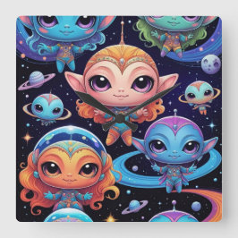 Small Multi-Coloured Aliens in Space Quadratische Wanduhr