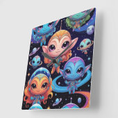 Small Multi-Coloured Aliens in Space Quadratische Wanduhr (Winkel)