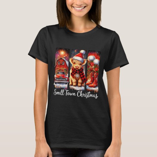 Small Town Christmas Highland Cow Western Art T-Shirt (Vorderseite)