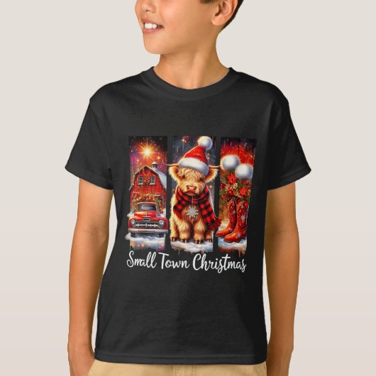 Small Town Christmas Highland Cow Western Art T-Shirt (Vorderseite)