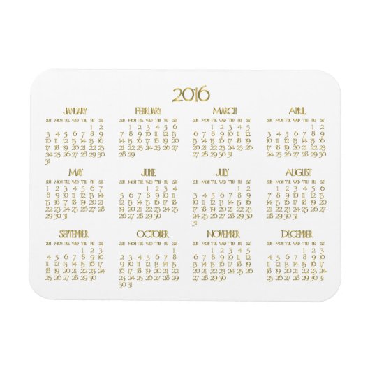 Small White and Gold Annual Calendar 2016 Magnete (Horizontal)