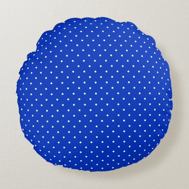 Small White Polkadots on Cobalt Blue Round Pillow Rundes Kissen (Vorderseite)
