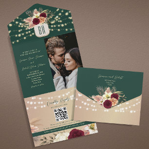 Smaragd Blumen Boho Hochzeit All In One Einladung