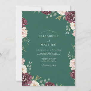 Smaragd-Bordeaux-Blüten-Hochzeit Einladung