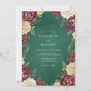 Smaragd-Bordeaux-Rosen-Hochzeit Einladung