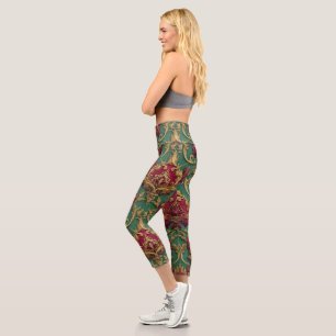 Smaragd-Burgunder-Barock-Damask Capri Leggings
