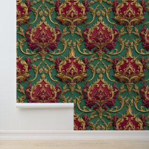 Smaragd-Burgunder-Barock-Damask Tapete
