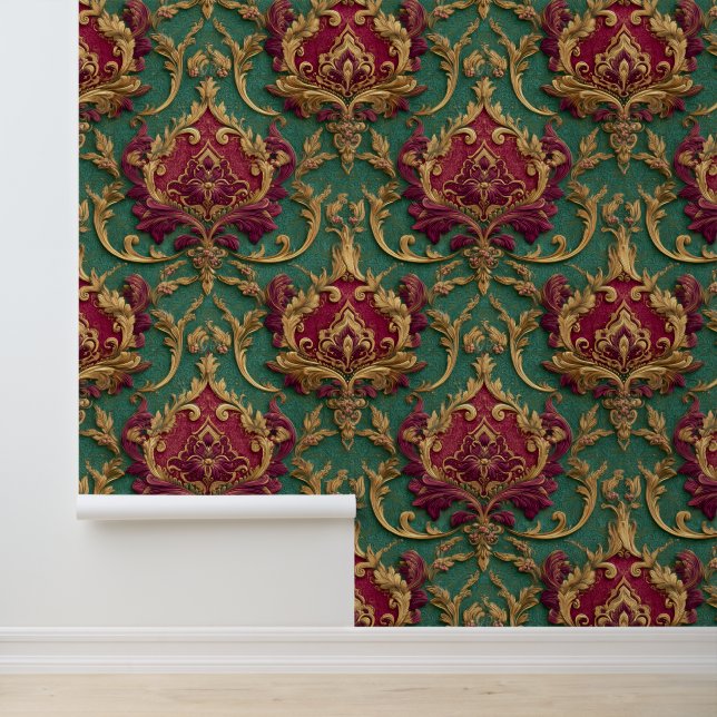 Smaragd-Burgunder-Barock-Damask Tapete (Anwendung)