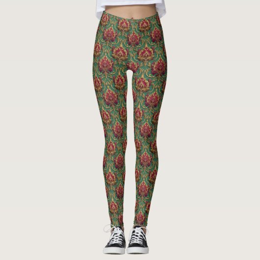 Smaragd-Burgunder-Barock-Damaskus Leggings (Vorderseite)