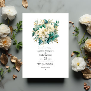 Smaragd-, creme- und goldene florale Hochzeit Einladung