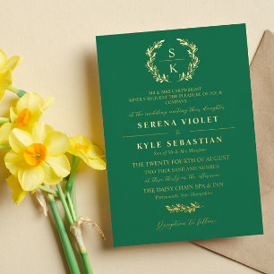 Smaragd-Elegante-Typografie-Lorbeerkranz-Monogramm Folieneinladung