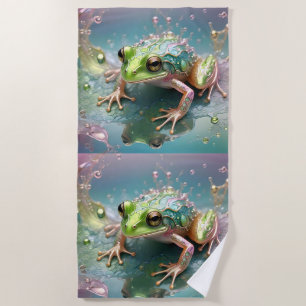 "Smaragd-Essenz: Grüner Frosch in Fraktal-Kunst" Strandtuch