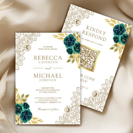 Smaragd Floral Weiß Gold Spitze QR Code Hochzeit Einladung