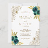 Smaragd Floral Weiß Gold Spitze QR Code Hochzeit Einladung (Vorderseite)