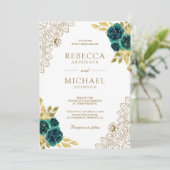 Smaragd Floral Weiß Gold Spitze QR Code Hochzeit Einladung (Stehend Vorderseite)