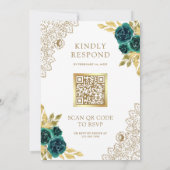 Smaragd Floral Weiß Gold Spitze QR Code Hochzeit Einladung (Rückseite)