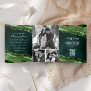 Smaragd-Gold-Achat-Foto-Collage-QR-Code-Hochzeit Dreifach Gefaltete Einladung