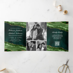 Smaragd-Gold-Achat-Foto-Collage-QR-Code-Hochzeit Dreifach Gefaltete Einladung