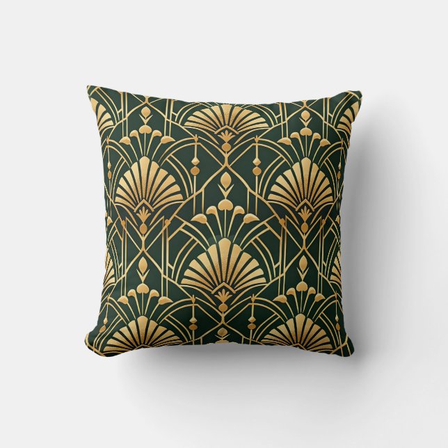 Smaragd-Gold-Art-Deco-Muster Kissen (Vorderseite)