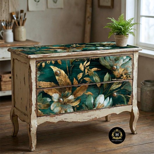 Smaragd-Gold Blumen Nahtloses Decoupage Seidenpapier