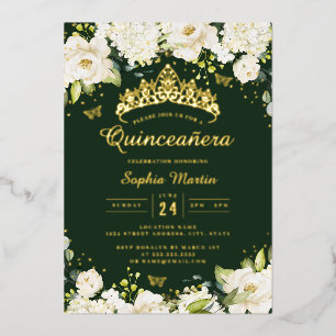 Smaragd-Gold-Champagner-Blumen-Quinceanera Folieneinladung