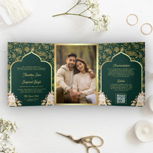 Smaragd-Gold-Paisley-Blumen-QR-Code-indische-Hochz Dreifach Gefaltete Einladung