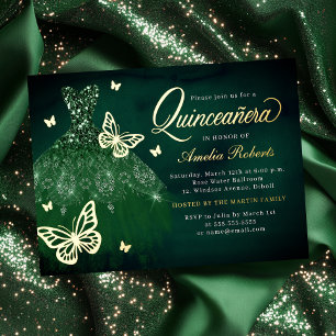 Smaragd-Gold-Schmetterling-Kleid Quinceanera Folieneinladung