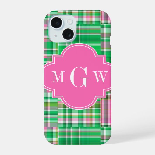 Smaragd Heiß Rosa Preppy Patchwork Madras Monogram iPhone 15 Hülle (Rückseite)