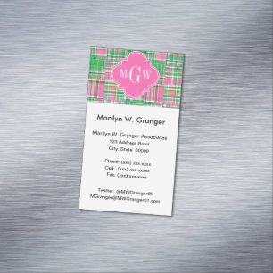 Smaragd Heiß Rosa Preppy Patchwork Madras Monogram Magnetische Visitenkarte