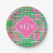 Smaragd Heiß Rosa Preppy Patchwork Madras Monogram Pappteller (Vorderseite)