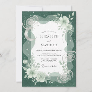 Smaragd-Hochzeit mit himmlischem Mond und Eukalypt Einladung